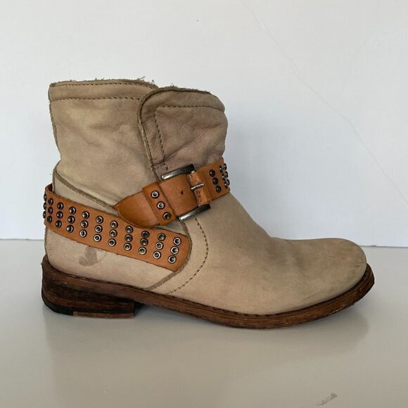 FELMINI Ankle Boots Nobuck Leather Buckle Studded Strap Pull-On Casual Tan 7 - Picture 2 of 11
